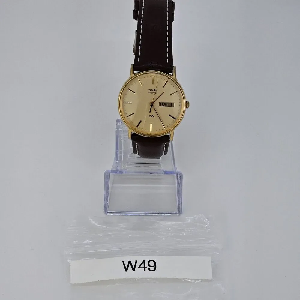 VTG Timex Men's Watch 32MM Gold Dial DayDate New Brown Leather Bands New Battery